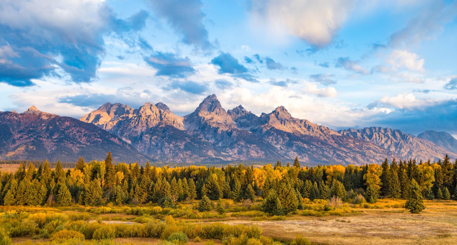 Grand Teton peaks above autumn trees and open meadows in Wyoming
