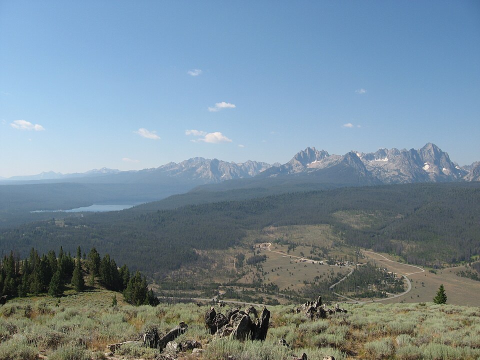 Sawtooth Range and valley from a ridge southwest of Stanley, Idaho