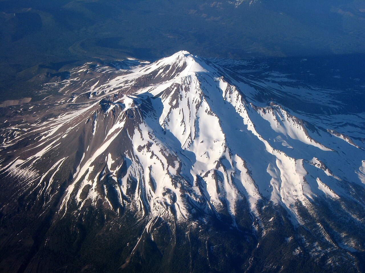 Aerial view of snow-covered Mount Shasta in northern California